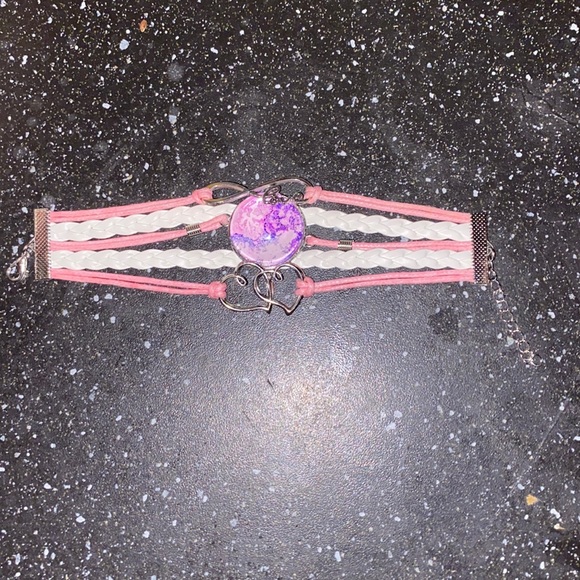 Pink Faux Leather Bracelet w Antique Goldtone &Alcohol Ink Art Under Domed Glass - Picture 2 of 2